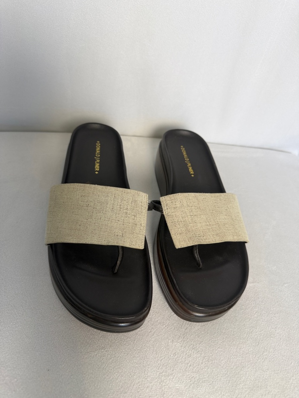 Donald J. Pliner Beige and Black Platform Slide Sandals